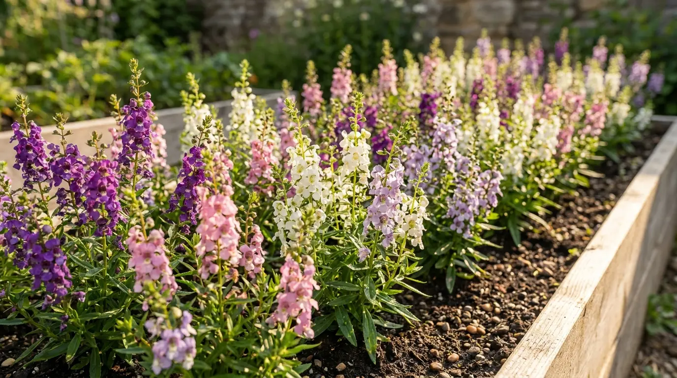 angelonia flower spikes blooming in a sunny border with tidy growth and soft summer color