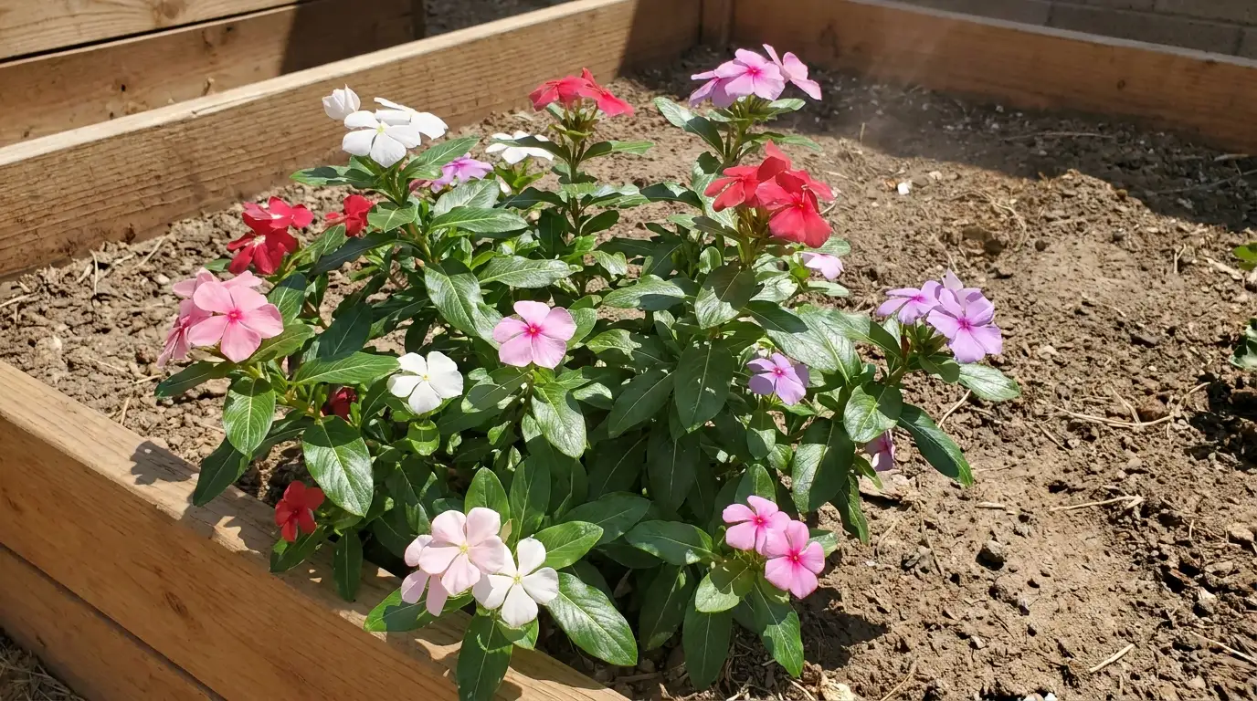 annual vinca blooming in full sun with glossy leaves and neat flowers in a summer bed