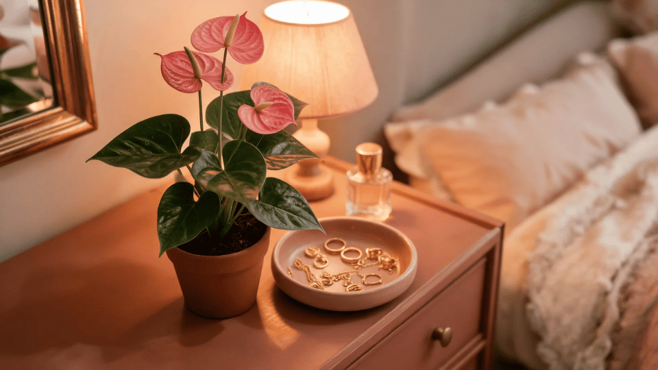 anthurium on a romantic bedroom vanity with rose accents, mirror edge, jewelry dish, and soft bedding