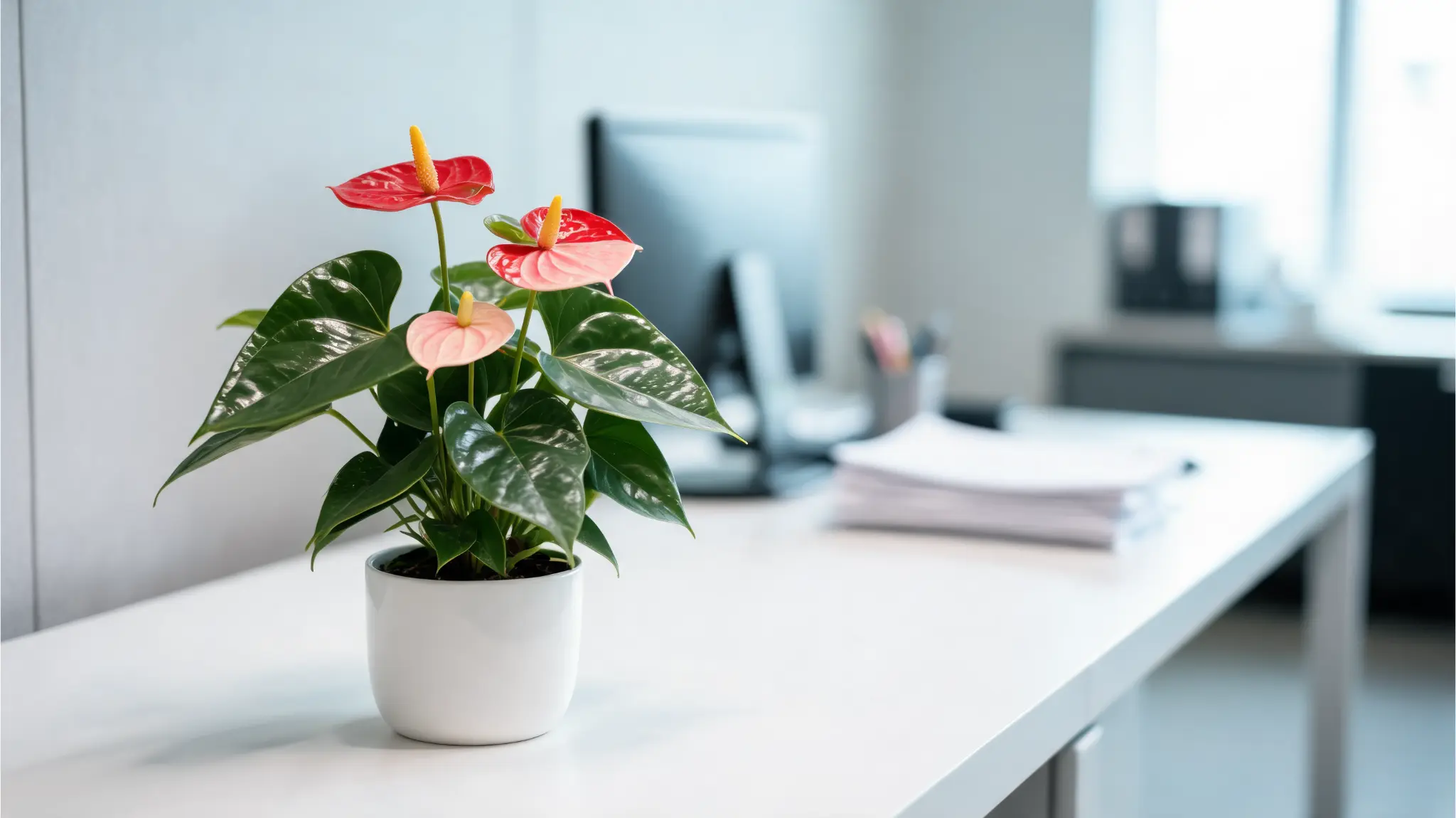 anthurium plant with glossy leaves and heart shaped blooms on an office side table