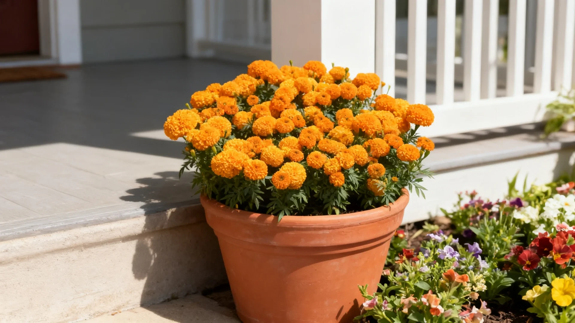 antigua orange marigolds blooming in a terracotta pot near a porch with compact growth