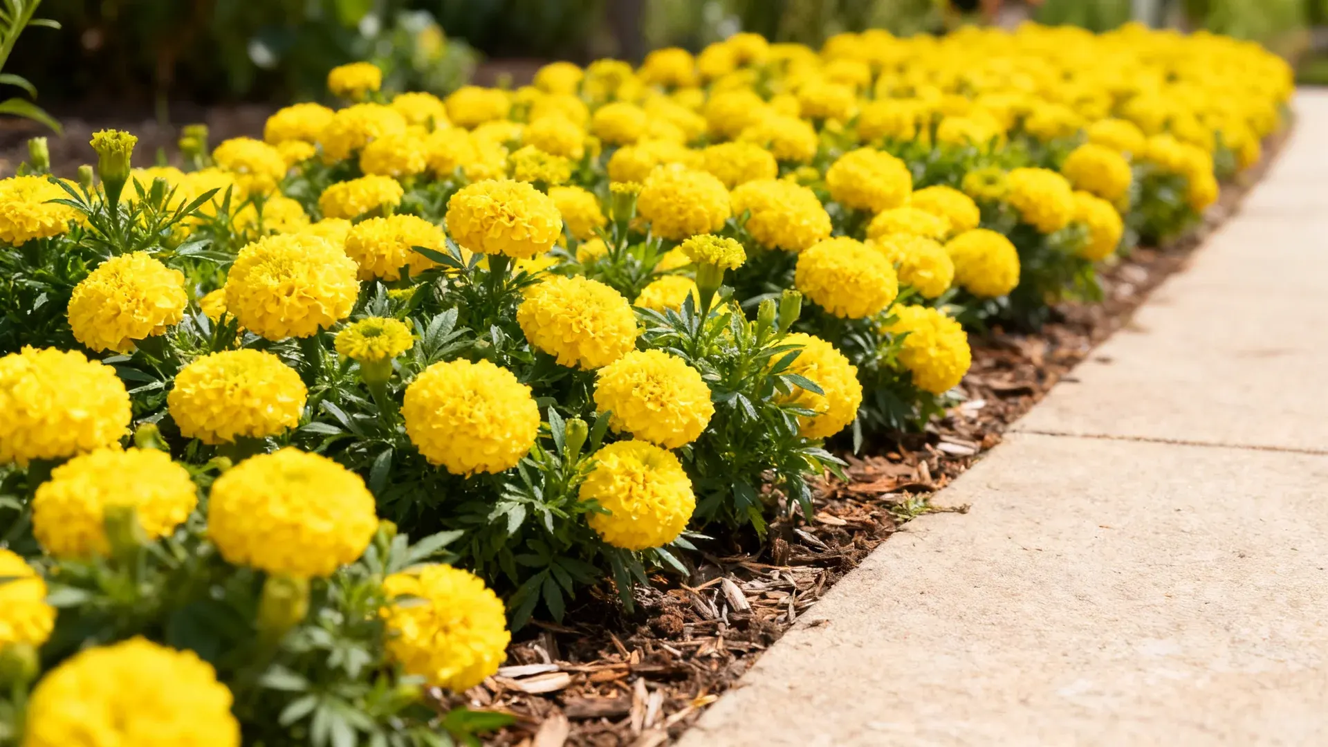 antigua yellow marigolds in a neat sunny mass planting beside a garden walkway