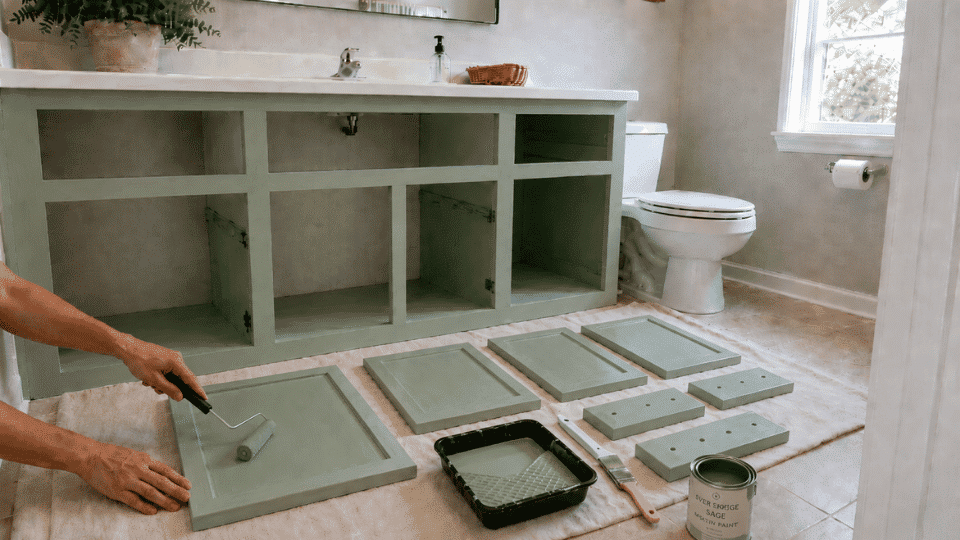 applying a second sage green coat to bathroom cabinet doors
