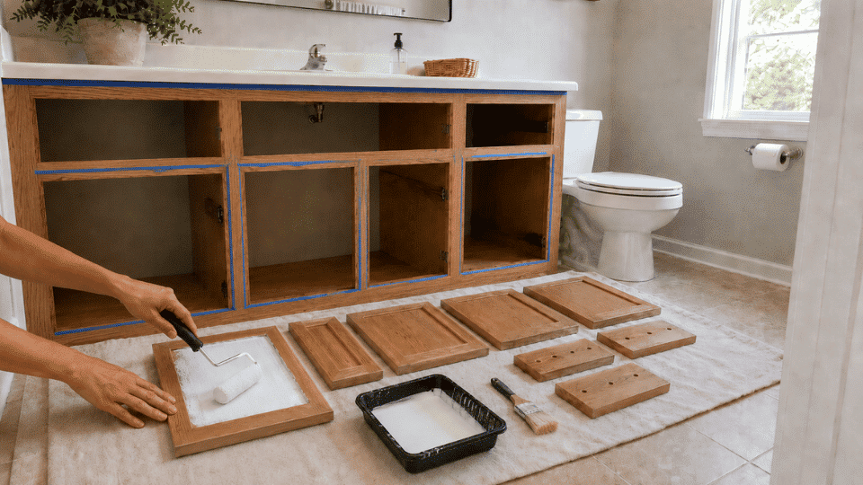 applying primer to detached bathroom cabinet doors on a drop cloth