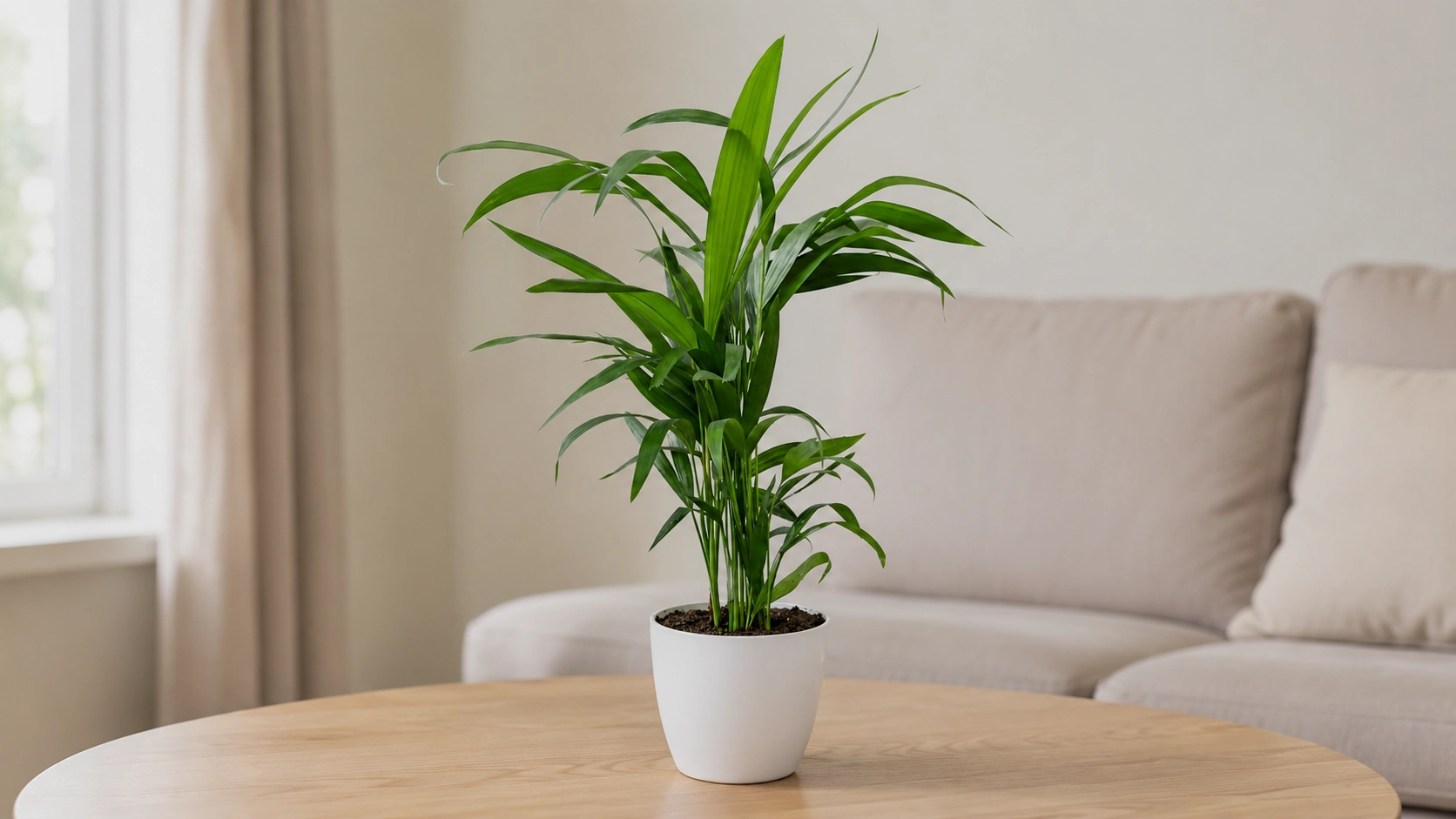 areca palm tree with full feathery fronds in a natural plant setting