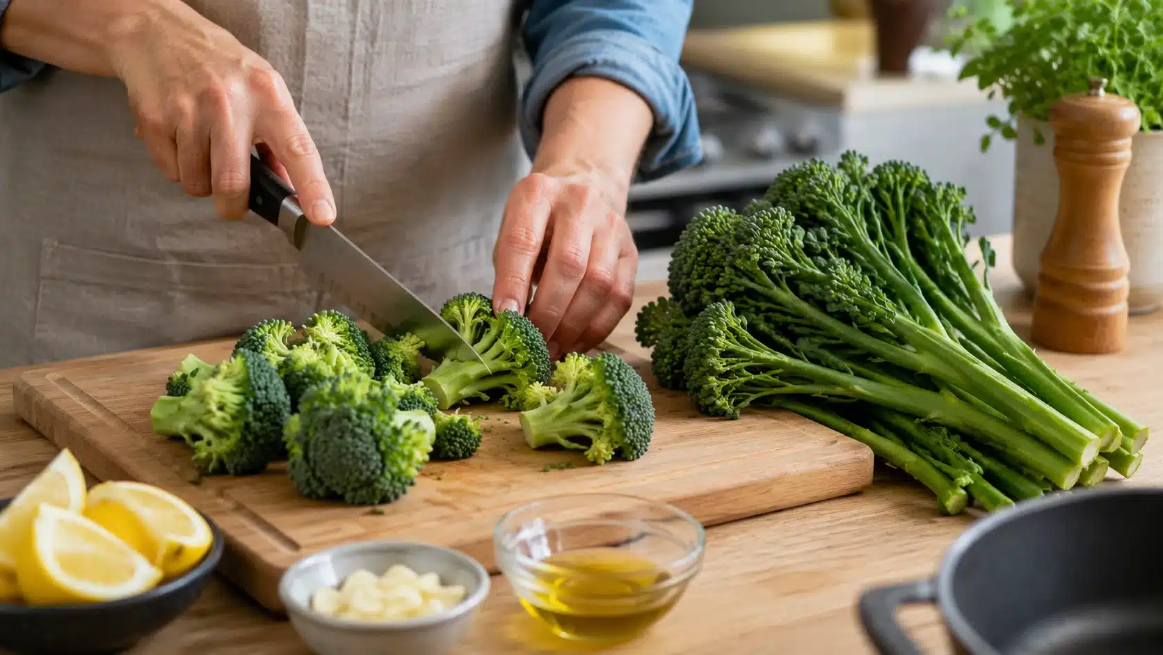 hands preparing both green vegetables on a kitchen counter with simple cooking ingredients nearby