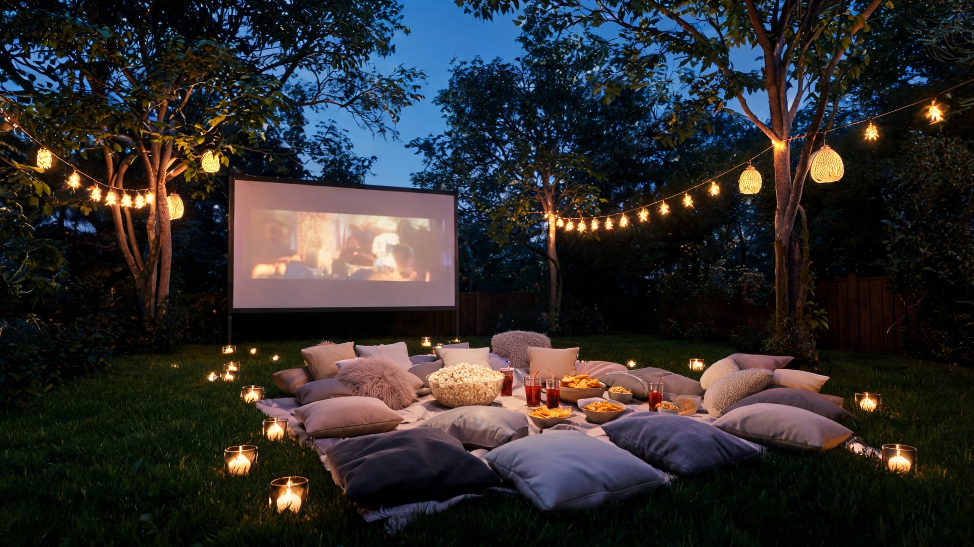 backyard movie area with floor cushions snacks candles string lights and screen