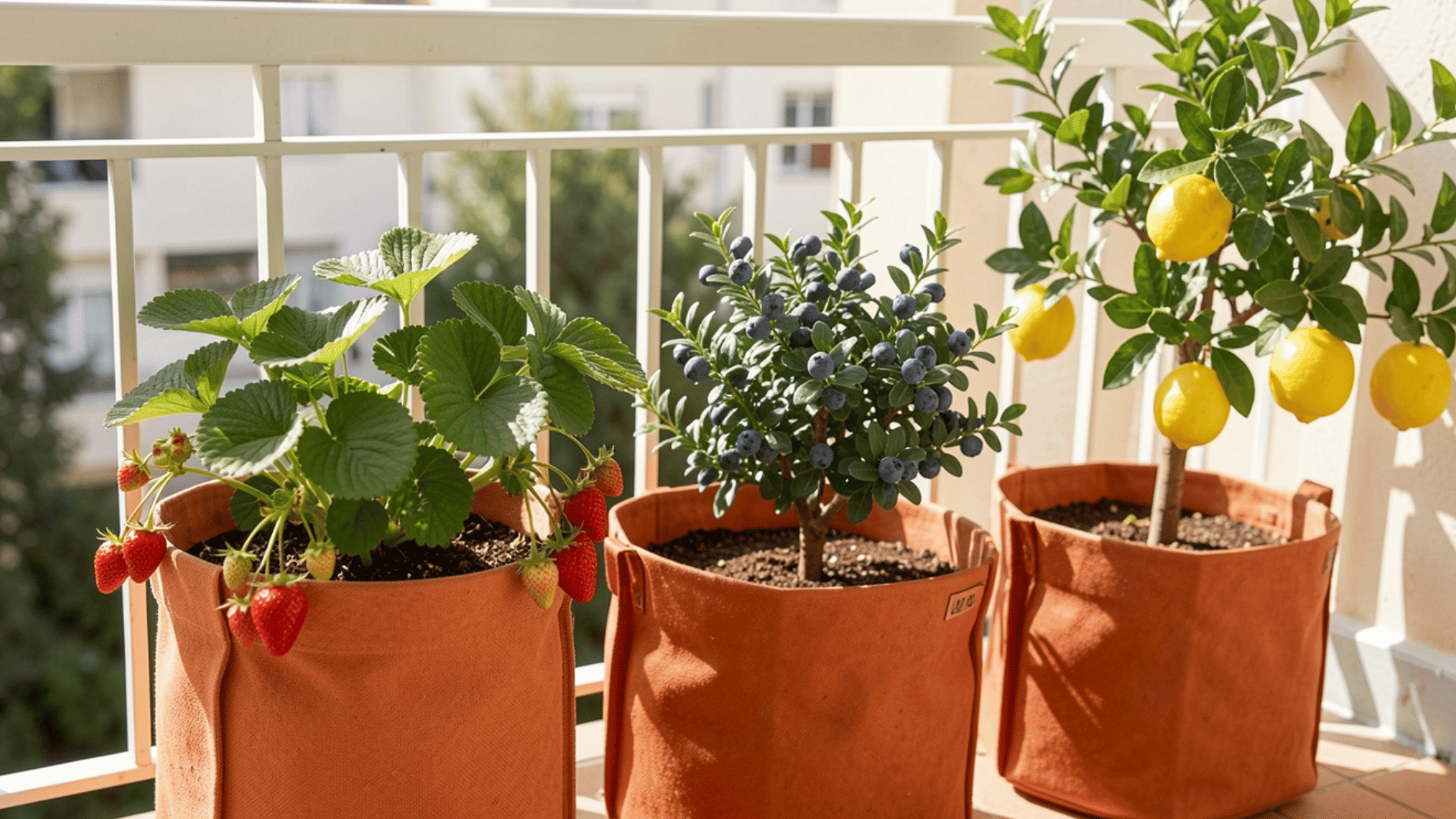 balcony container garden with strawberries, blueberries, and lemons growing in fabric pots outdoors