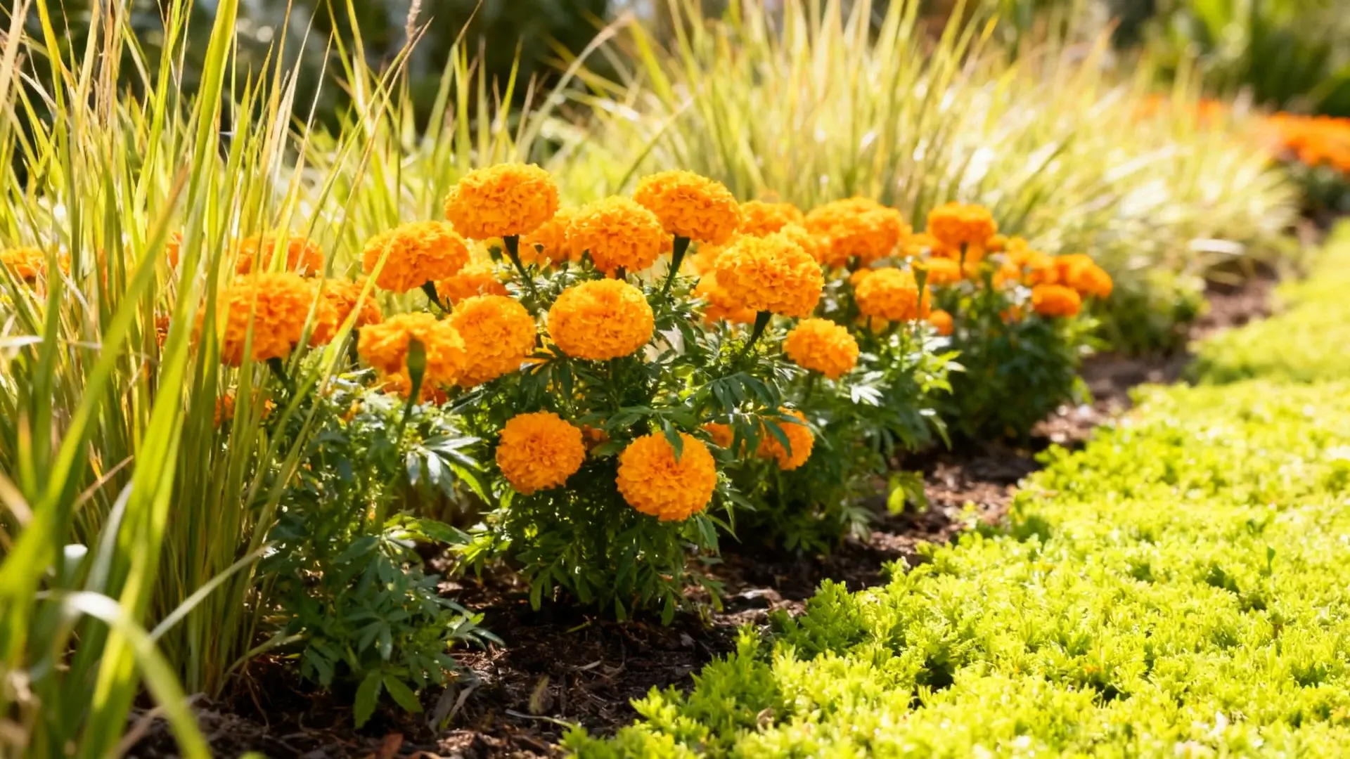 big duck orange marigolds with large blooms growing in a sunny mixed garden border