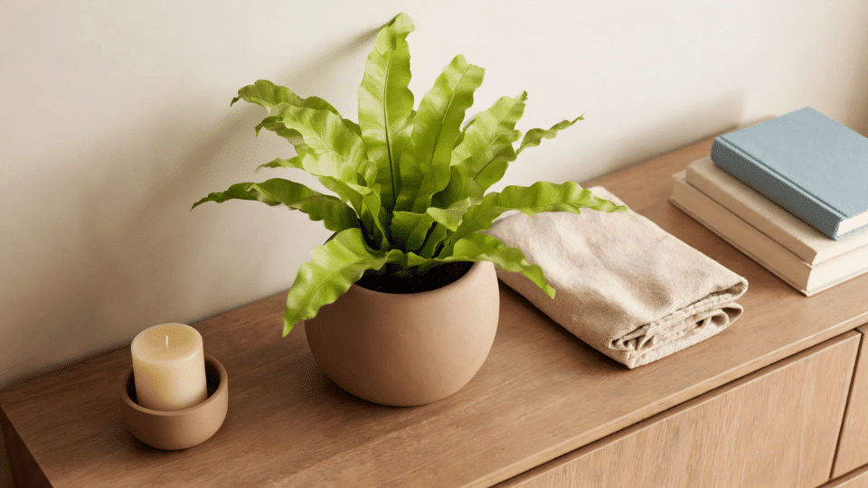 bird’s nest fern on a calm bedroom shelf with books, candle, folded linen, and soft clay tones