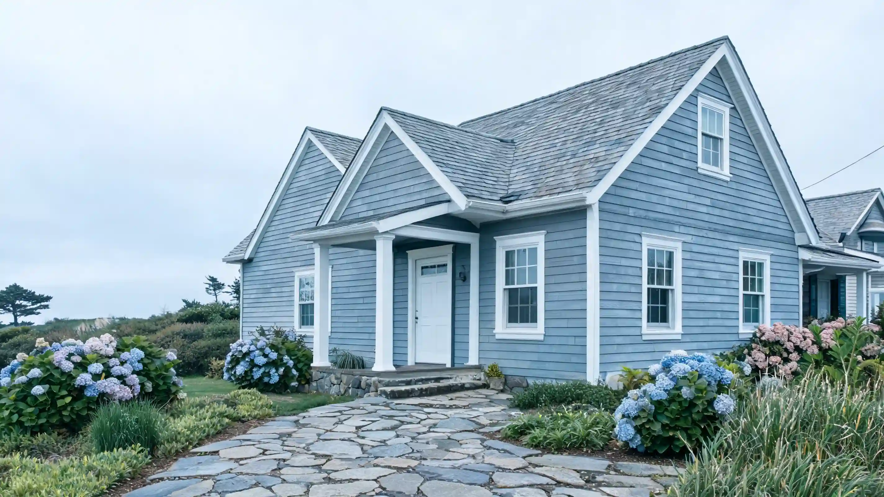blue gray cape cod cottage with white trim coastal plants and calm exterior style