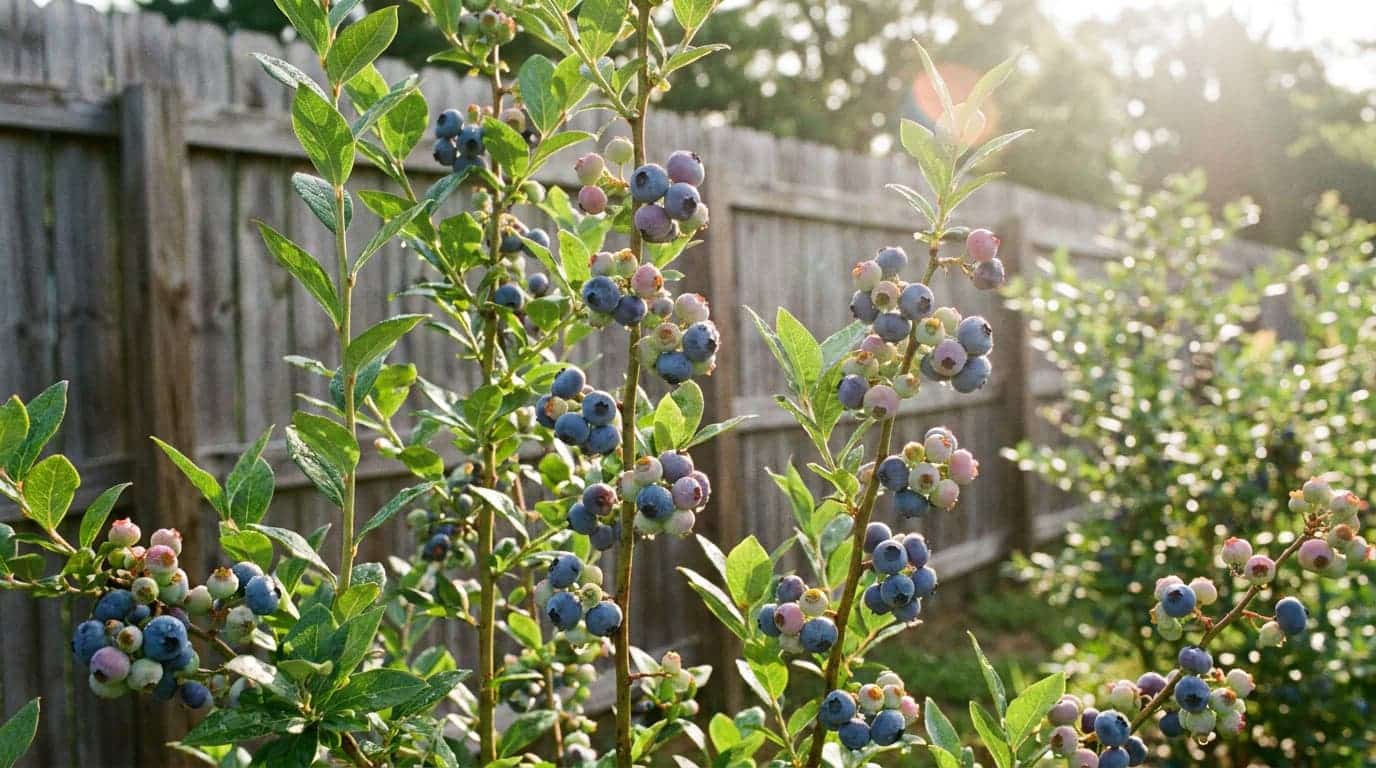 tall rabbiteye blueberry bush with ripe berry clusters in a warm sunny southern garden