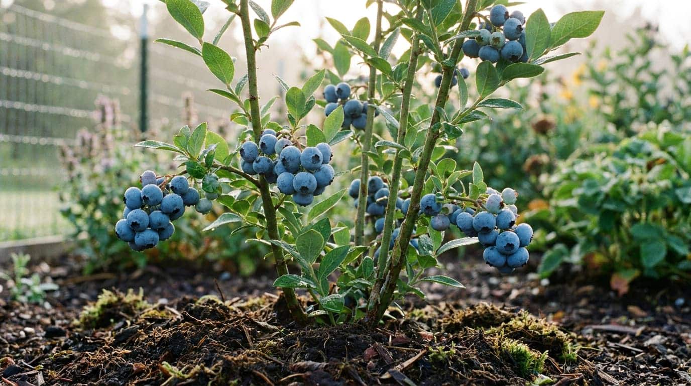 northern highbush blueberry plant with large ripe berries in a cool climate garden