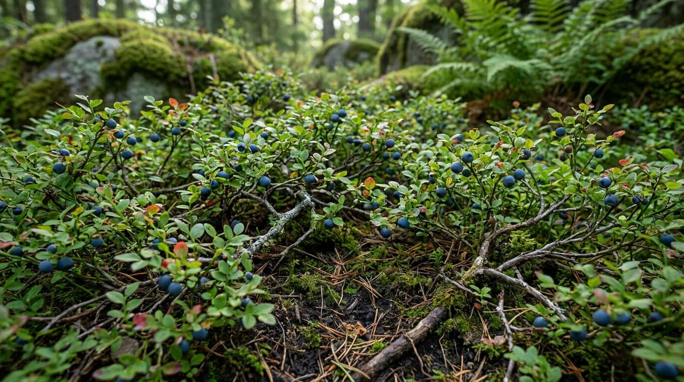 lowbush blueberry plants spreading near the ground with small berries and dense leaves