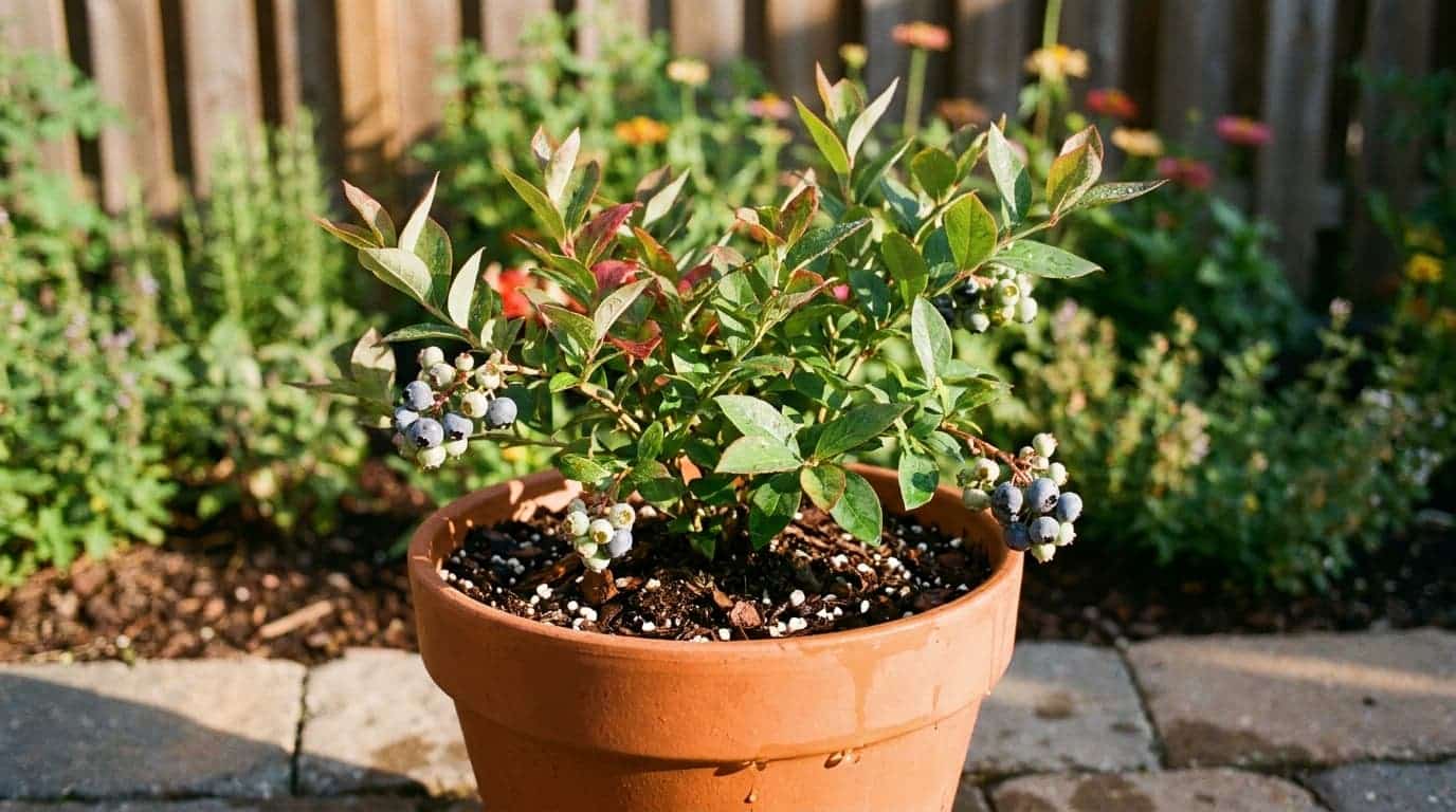 compact southern highbush blueberry plant growing in a sunny patio container with berries