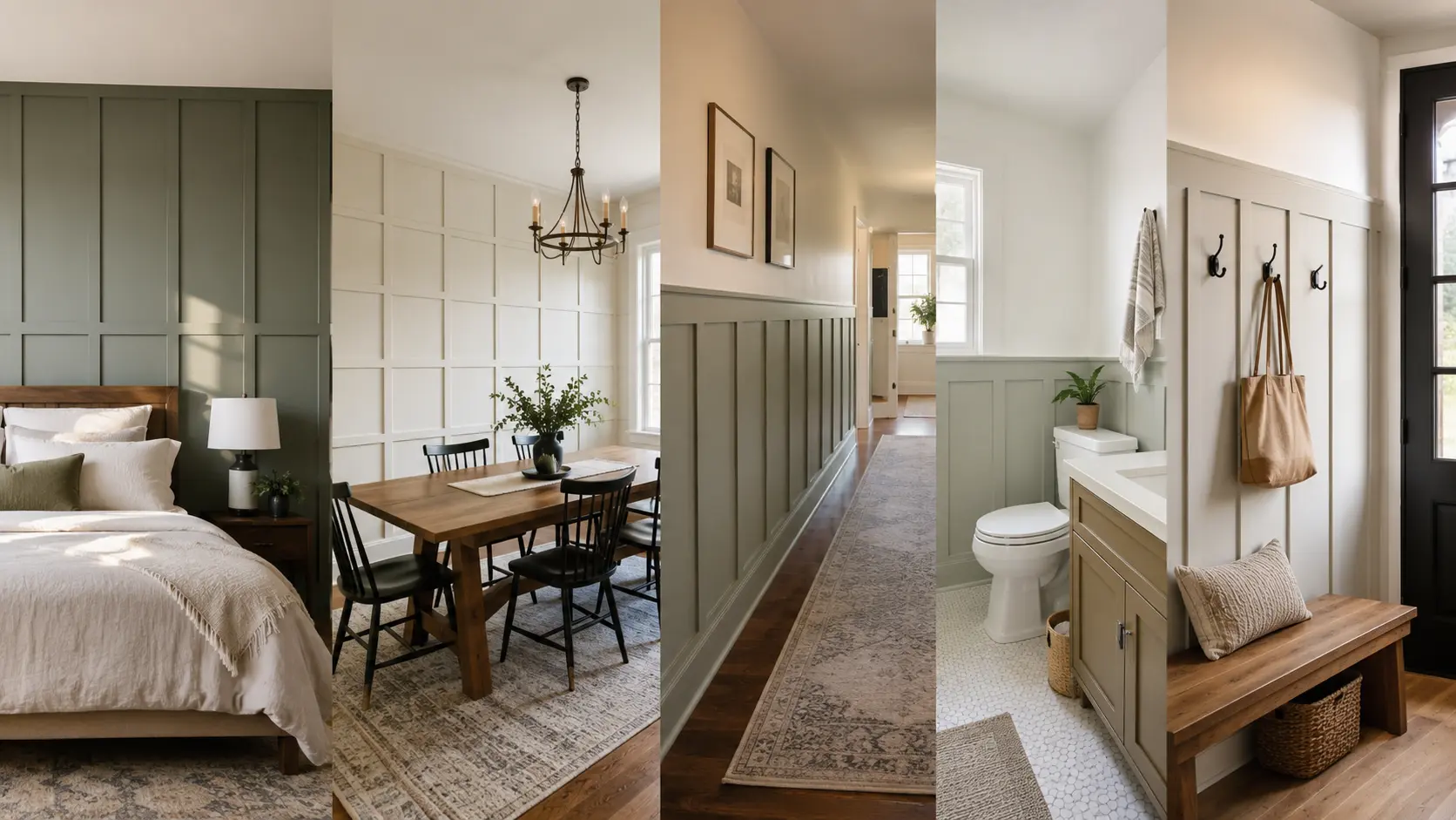 board and batten wall ideas for bedroom, hallway, bathroom, dining room, and entryway.