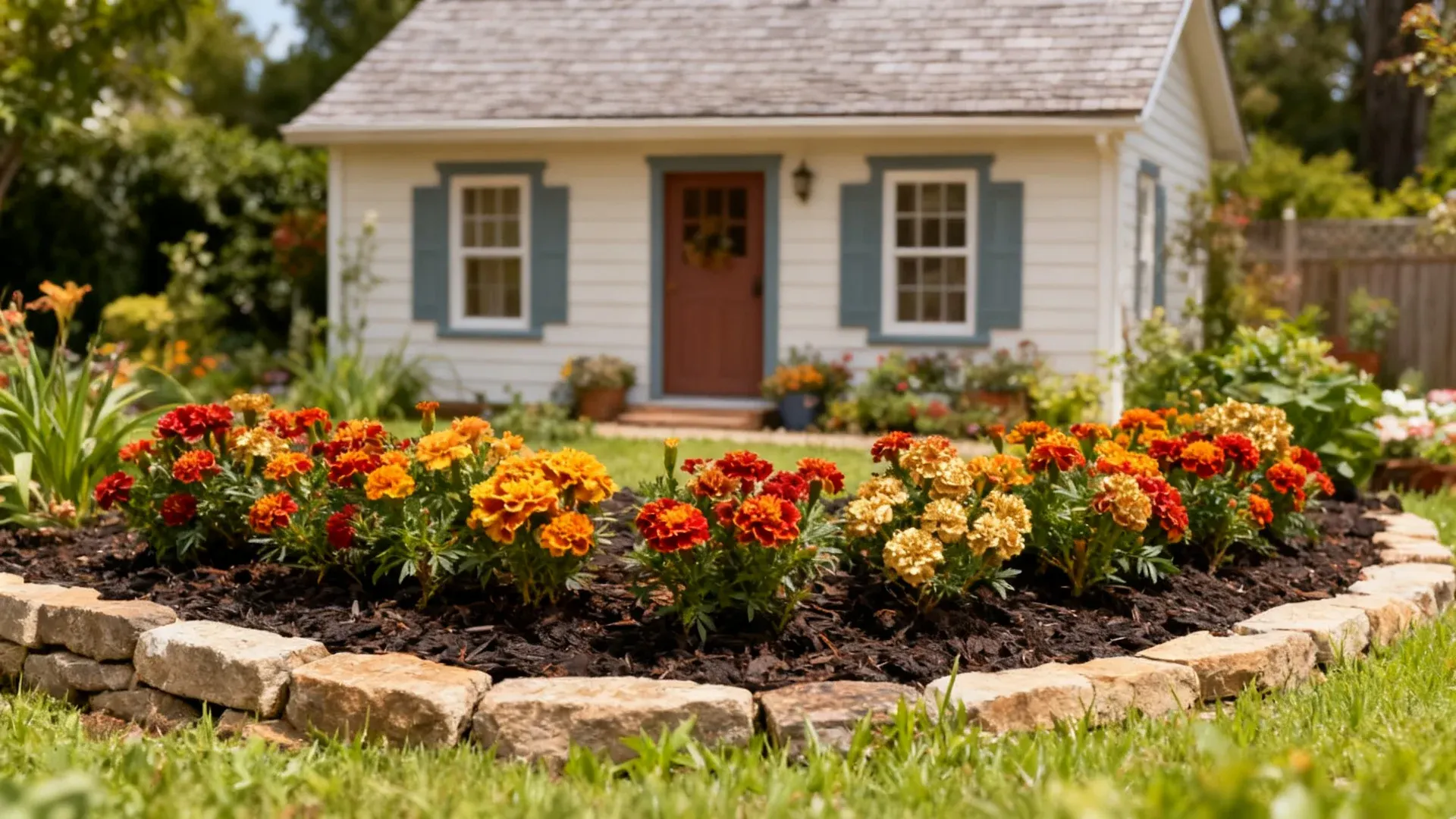 bonanza flame french marigolds with red orange and gold blooms along a small garden border
