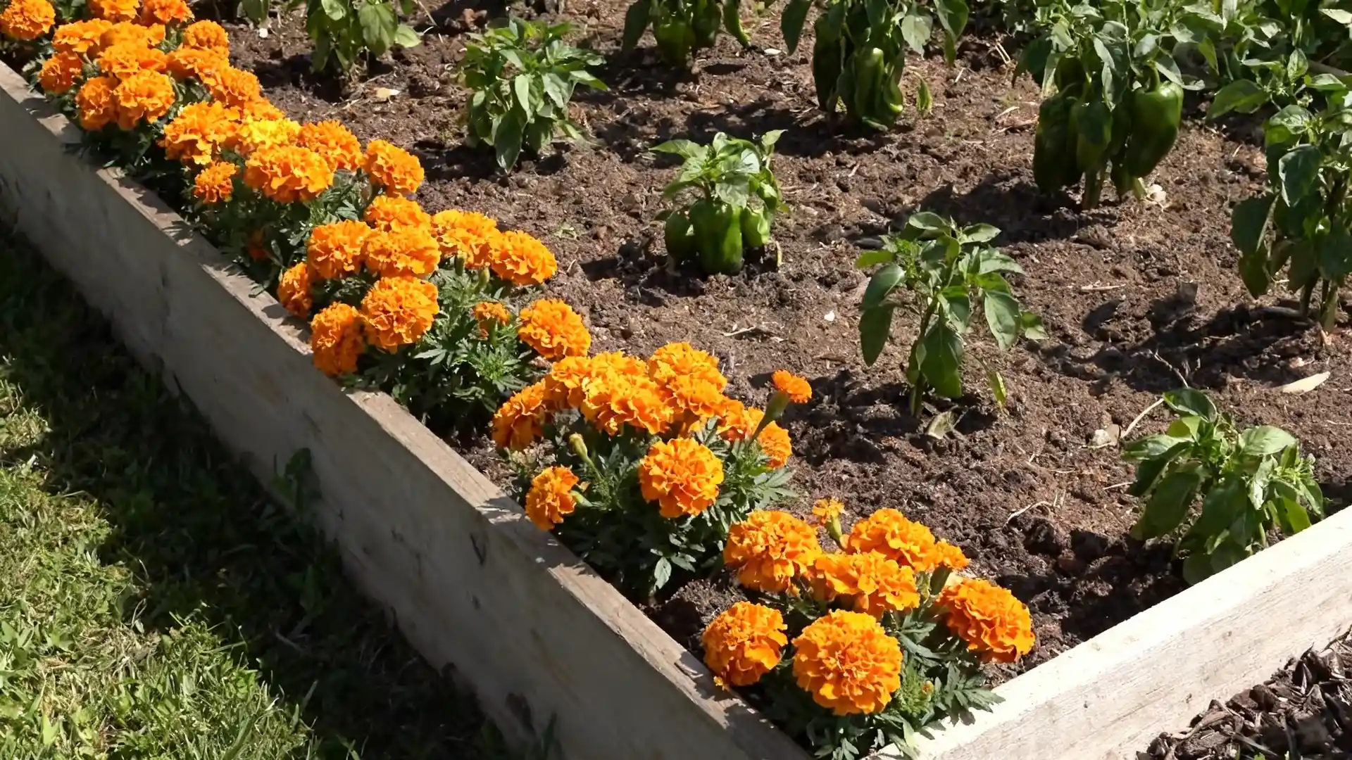 bonanza orange french marigolds growing along a raised bed edge near vegetables