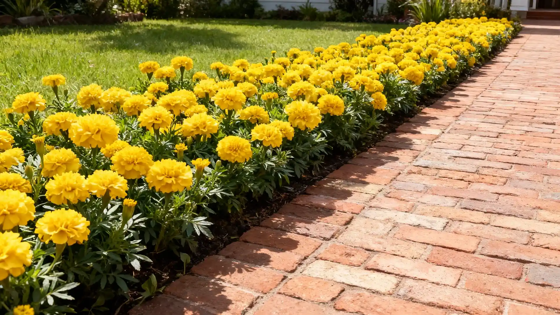 bonanza yellow french marigolds forming a low sunny border beside a brick garden path