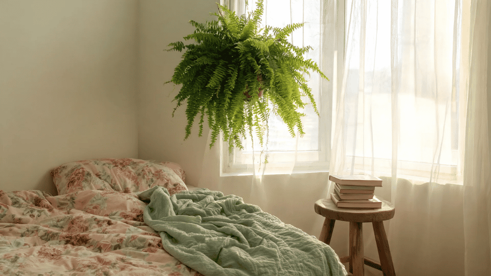 boston fern in a cozy bedroom corner with floral bedding, books, soft throw, and vintage details