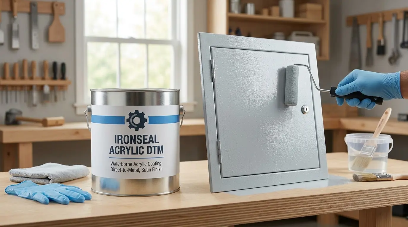 branded acrylic dtm paint bucket beside coated metal door panel with roller and clean tools