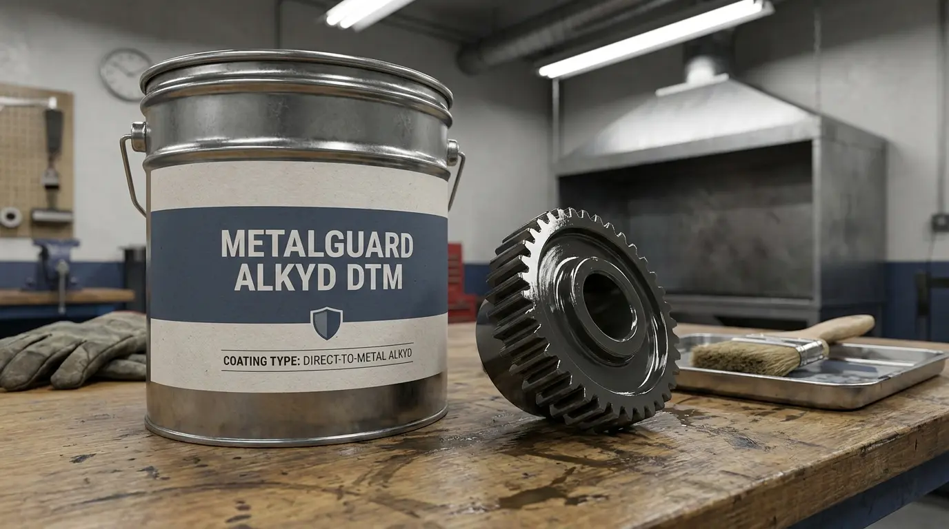 branded alkyd dtm paint bucket beside glossy coated metal equipment in a clean workshop