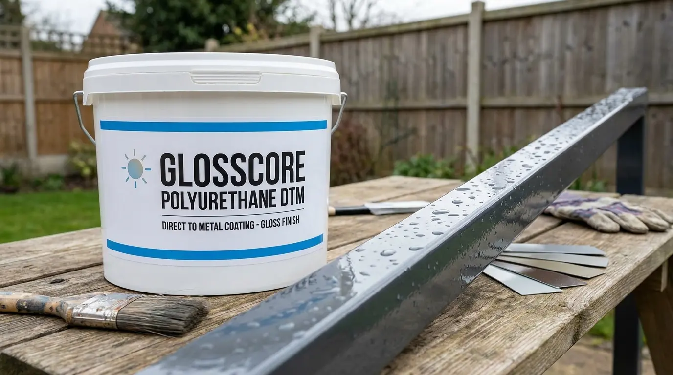branded polyurethane dtm paint bucket beside glossy coated railing with water droplets