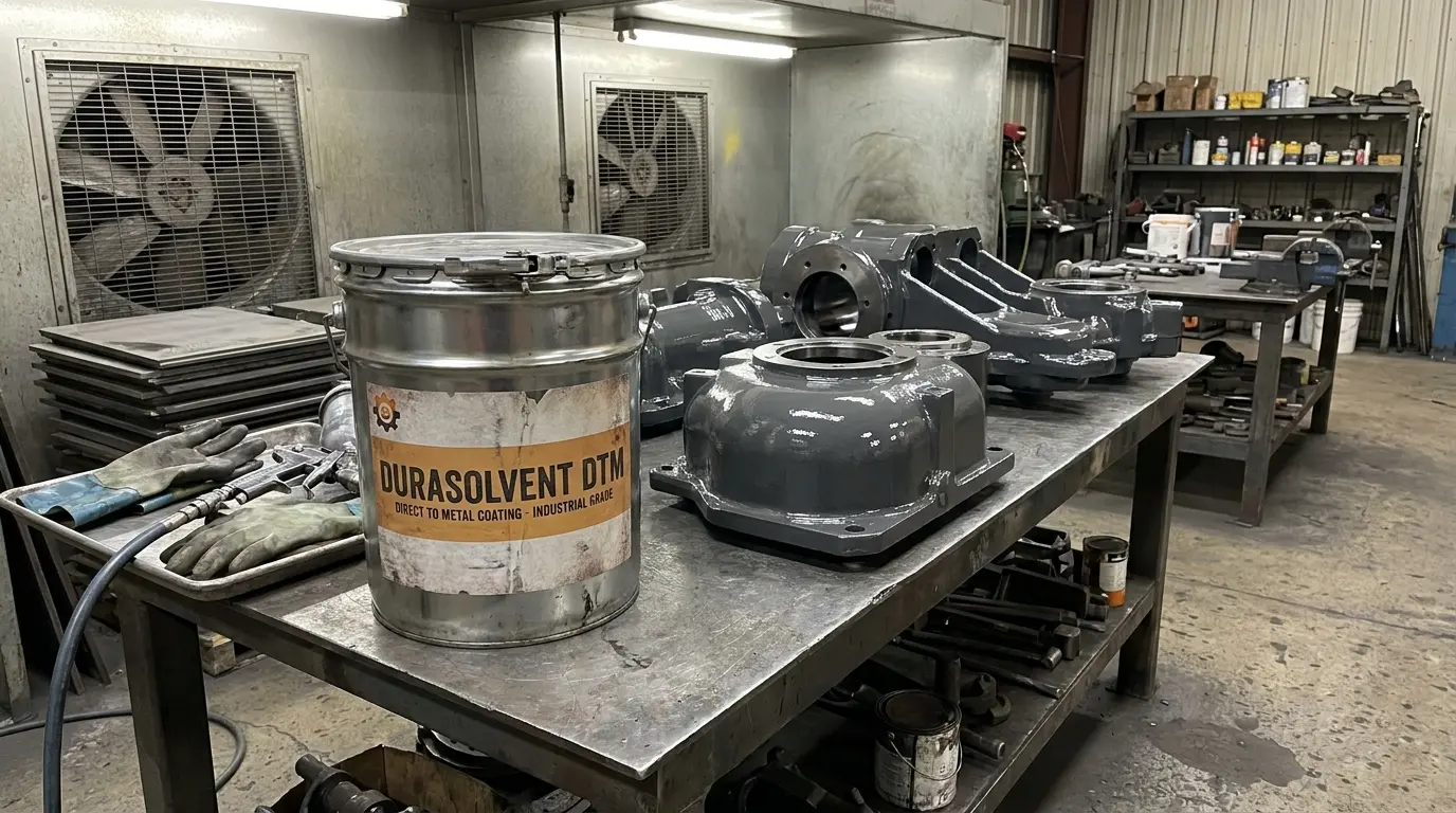 branded solvent-based DTM paint bucket beside heavy coated steel parts in a workshop