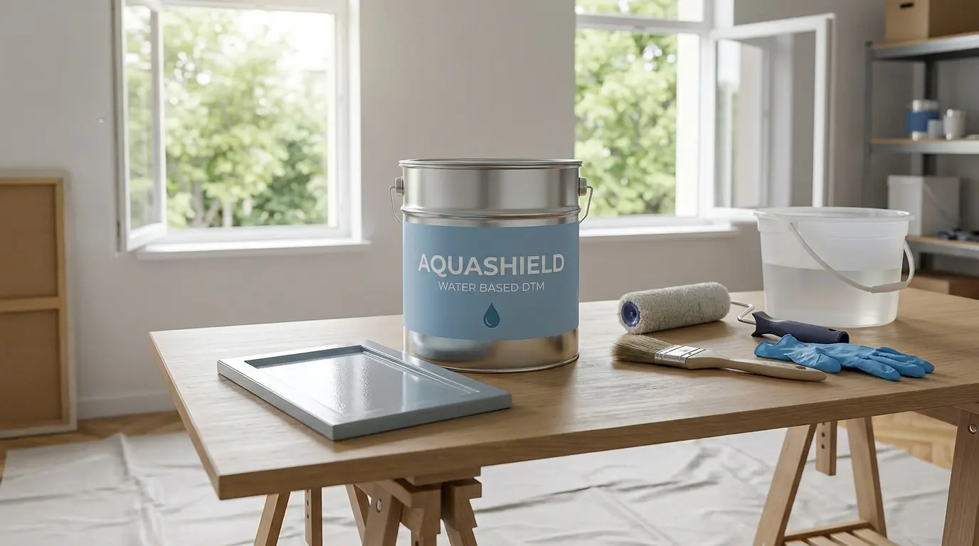 branded water based dtm paint bucket beside a smooth coated metal frame indoor