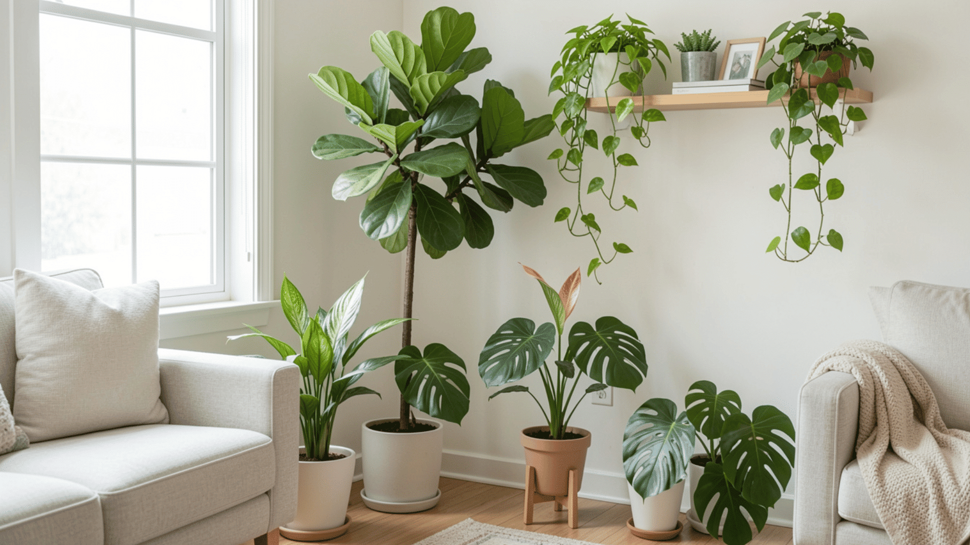 bright living room corner filled with healthy indoor plants in pots beside sofa and sunny window