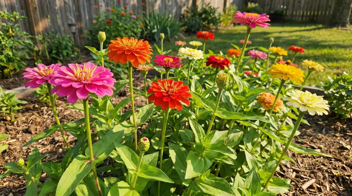 bright zinnias blooming in a sunny cutting garden with upright stems and fresh summer buds