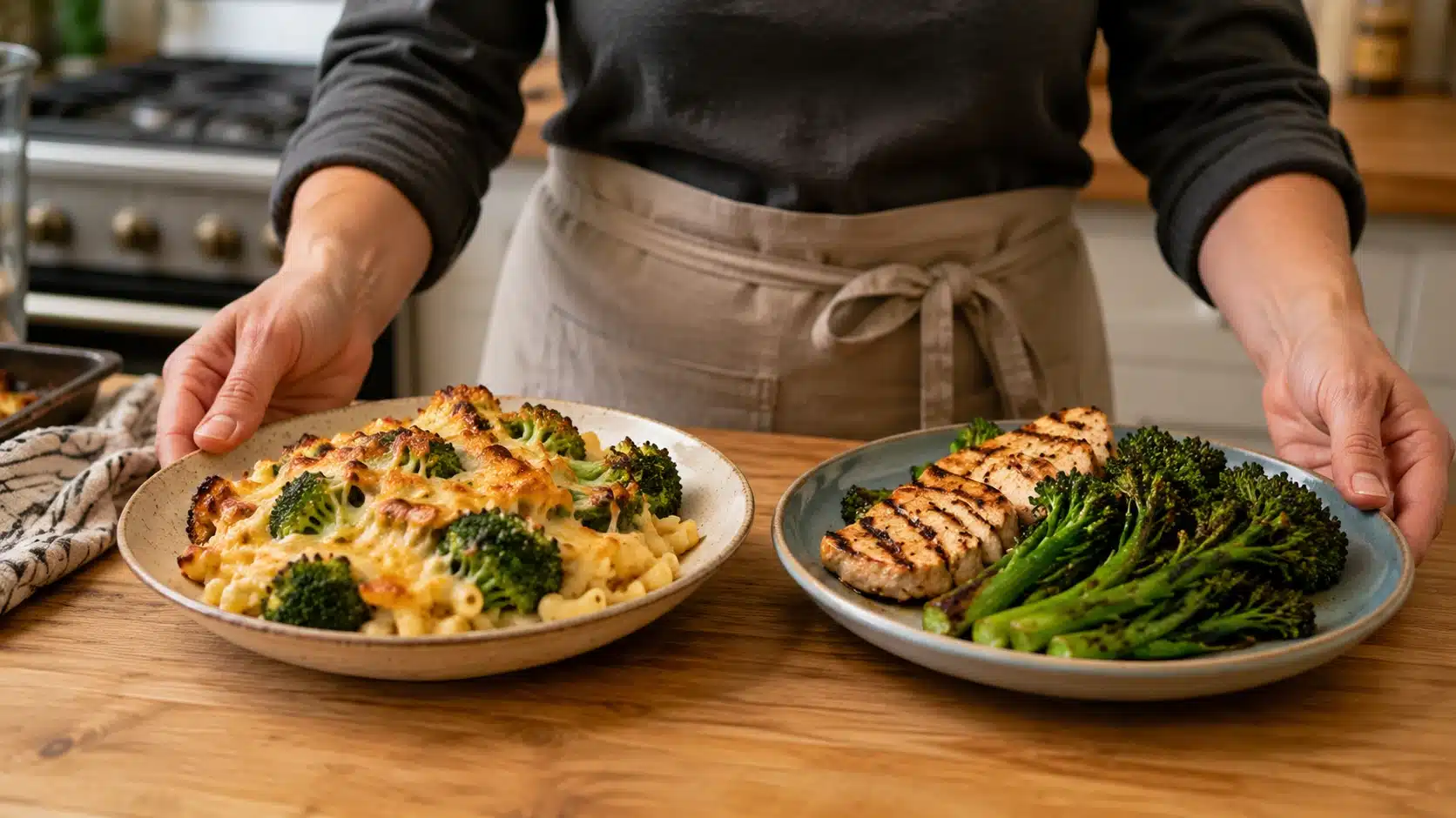 two dinner plates show broccoli in a hearty dish and broccolini as a quick side
