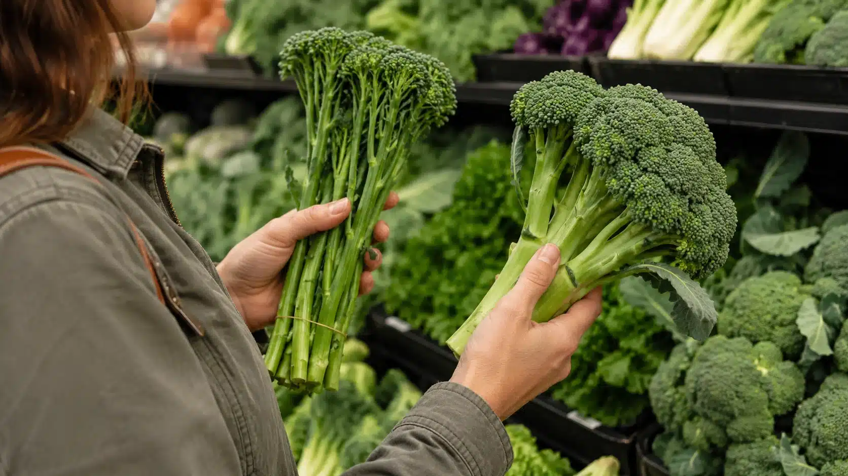 shopper compares two green vegetable bunches by stems and florets in a produce aisle