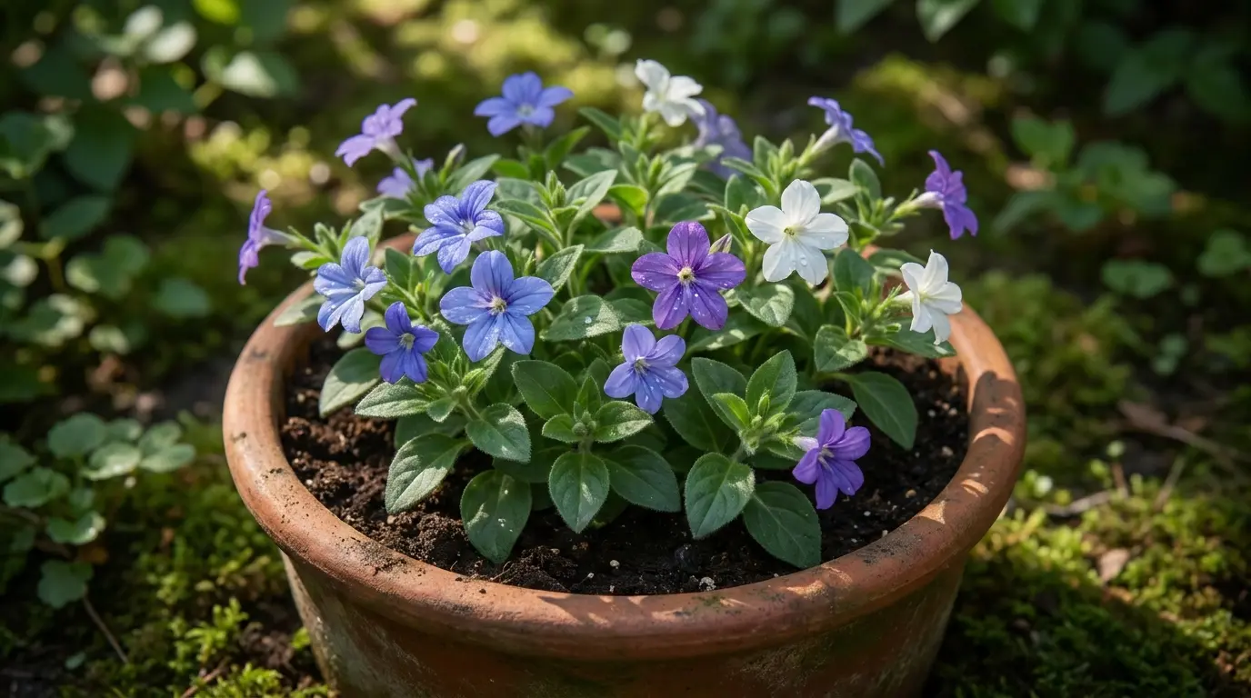 browallia flowers blooming in a shaded planter with blue purple and white star shaped blooms