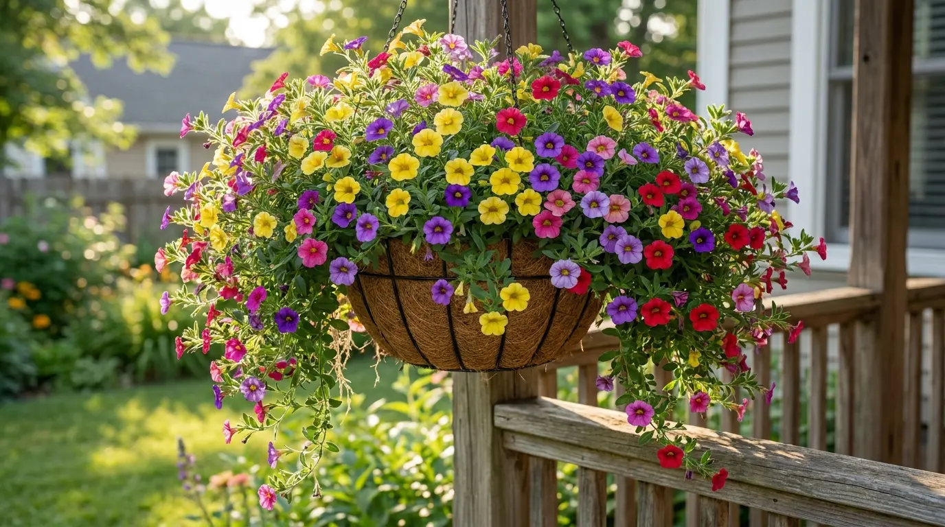 calibrachoa blooming in a hanging basket with small flowers spilling over the summer porch
