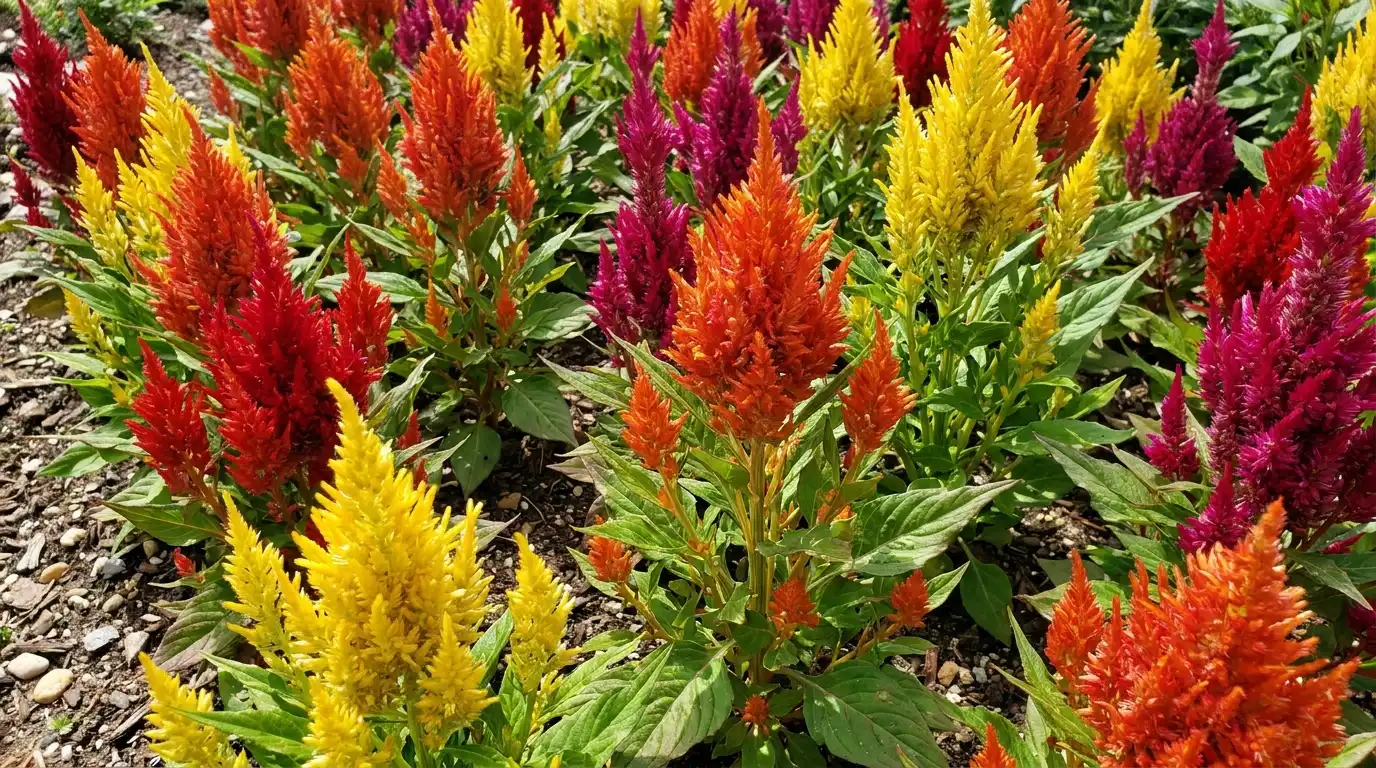 celosia blooms with bright plume shapes growing upright in a sunny summer flower bed