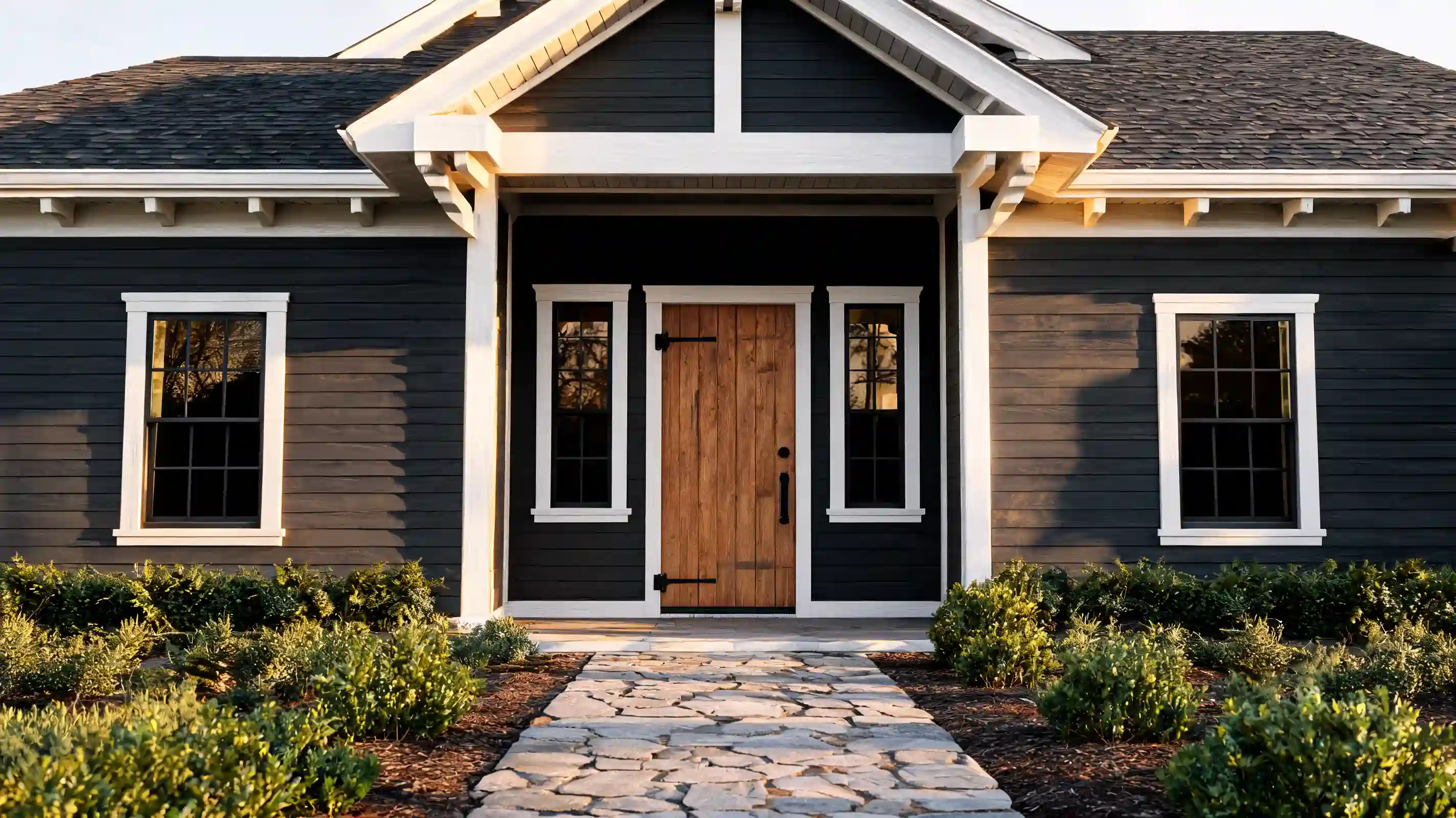 charcoal craftsman exterior with white trim wood front door black hardware and walkway