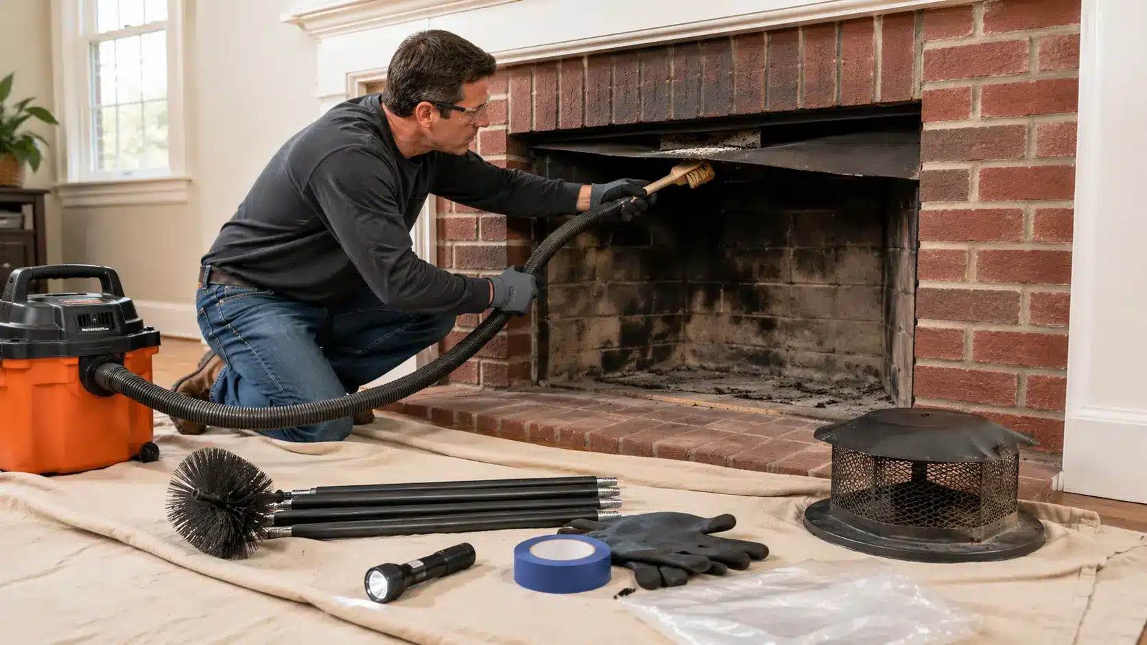 chimney cleaning step showing a homeowner preparing a fireplace