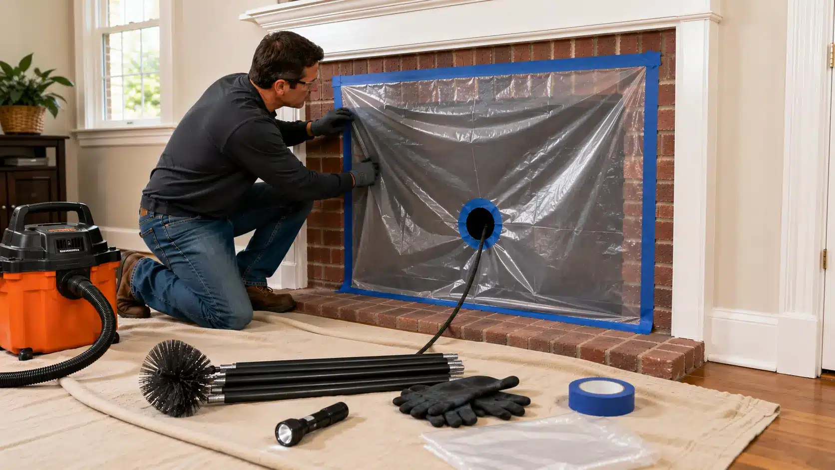 chimney cleaning step showing dust control preparation