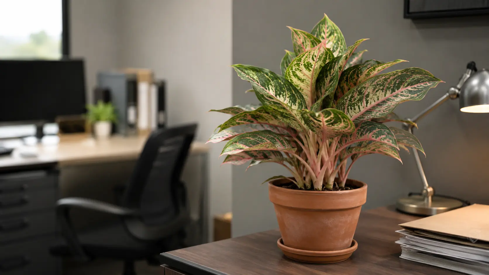 chinese evergreen in a terracotta pot on an office desk near papers and a lamp