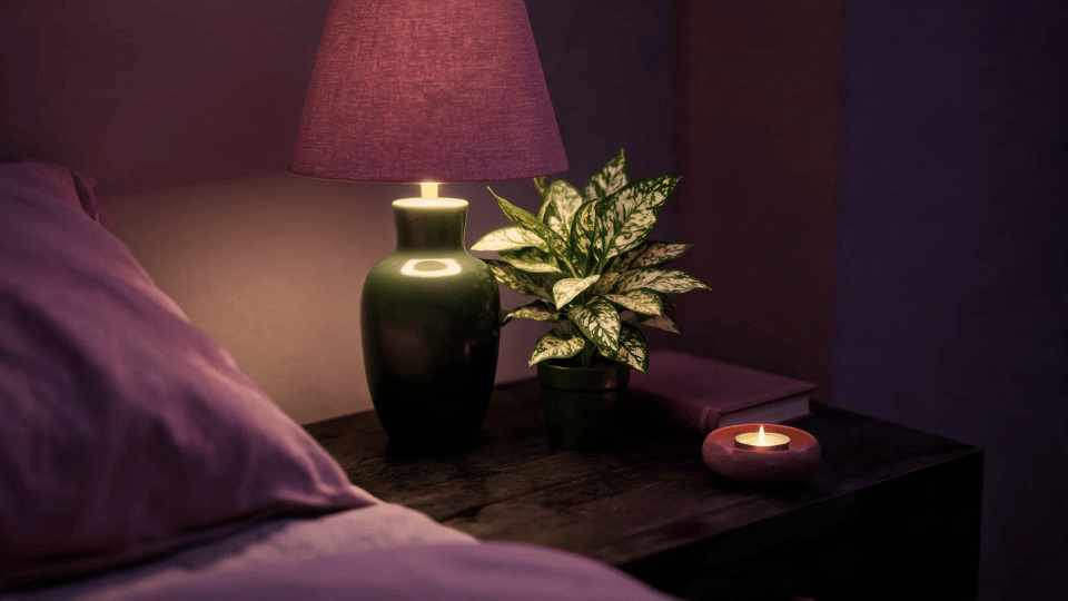 chinese evergreen on a moody bedroom nightstand with plum accents, lamp, book, and patterned leaves