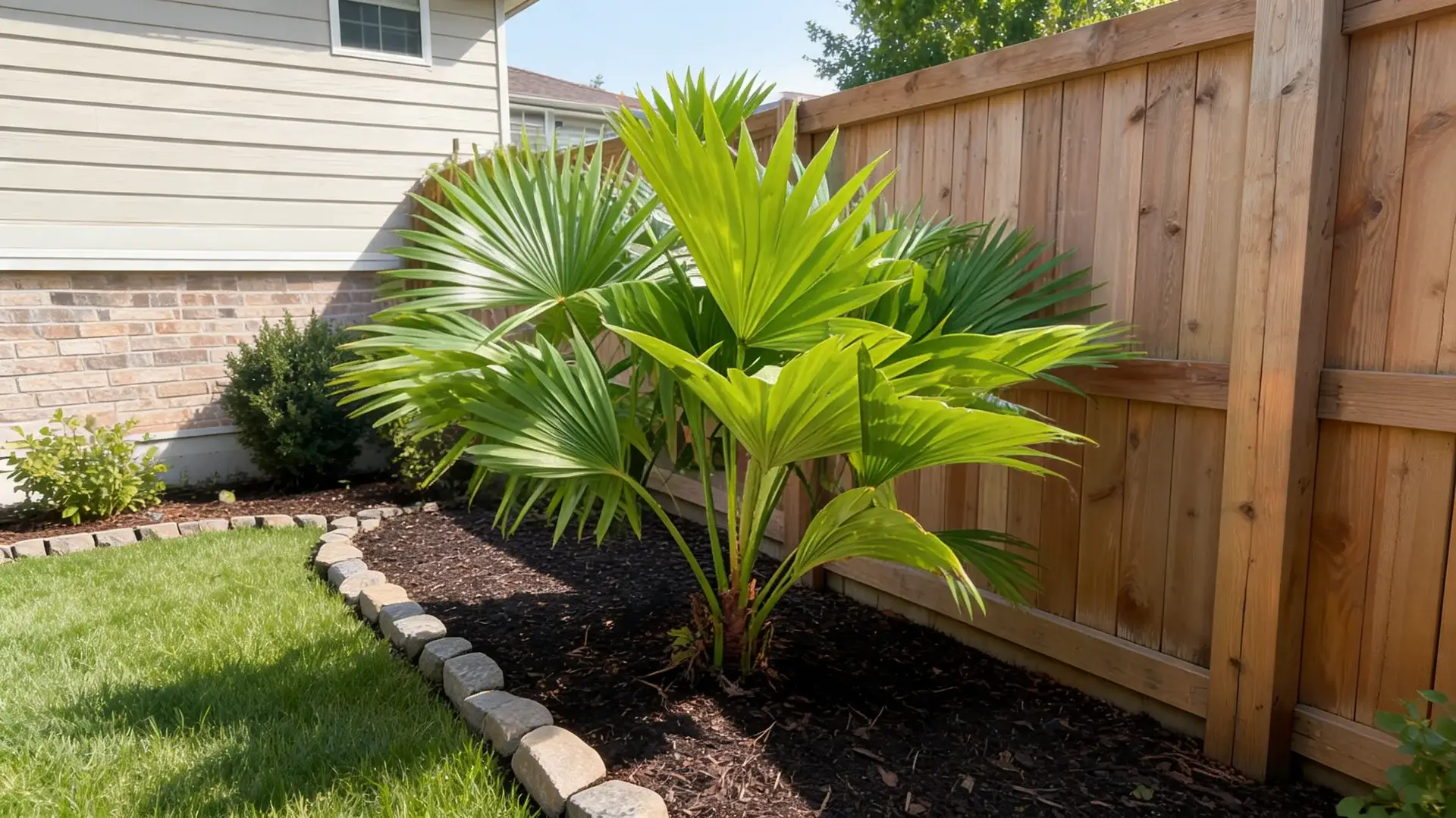 chinese fan palm tree with broad drooping fan shaped leaves