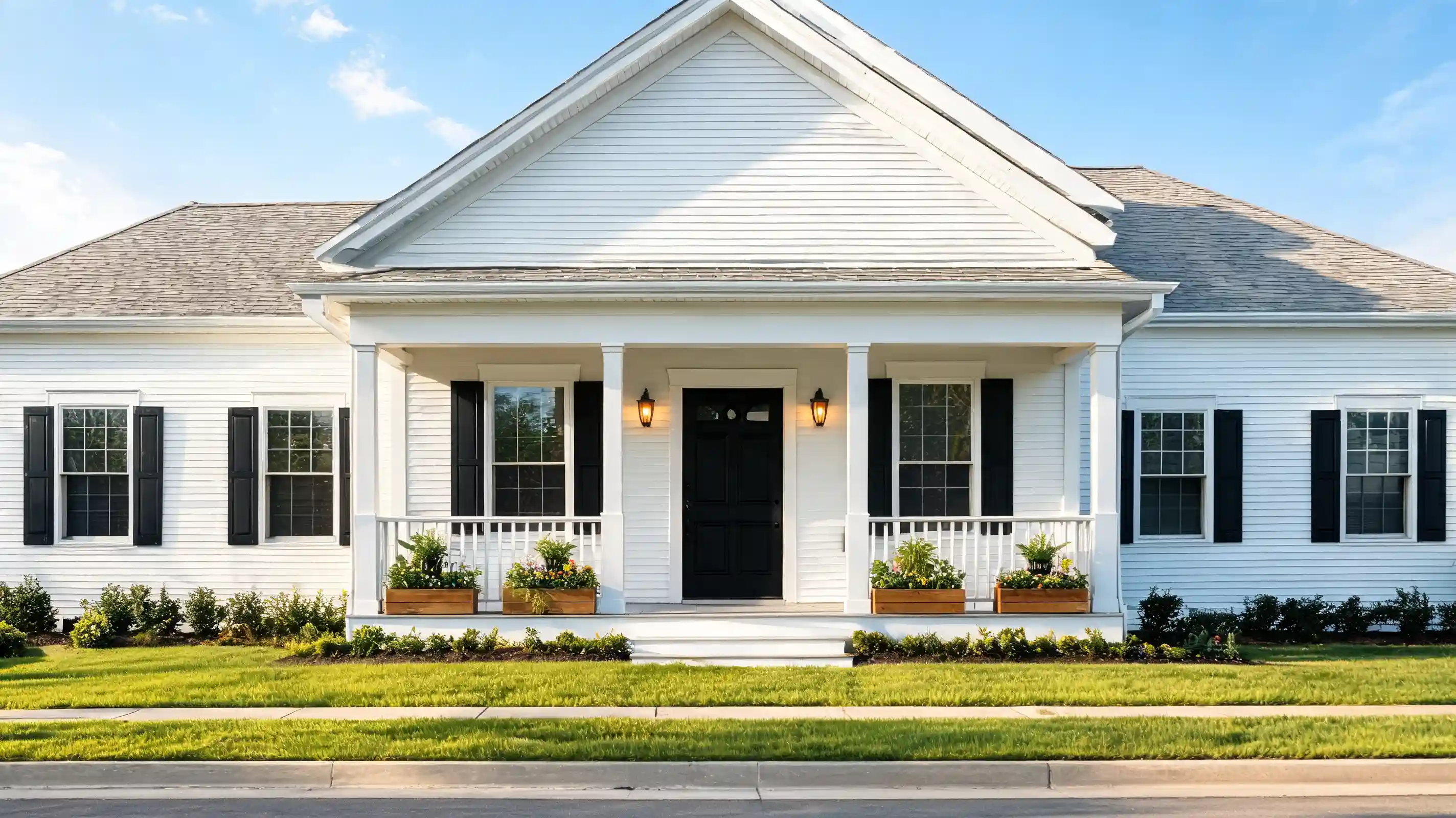 classic white farmhouse exterior with black shutters black door and warm porch details