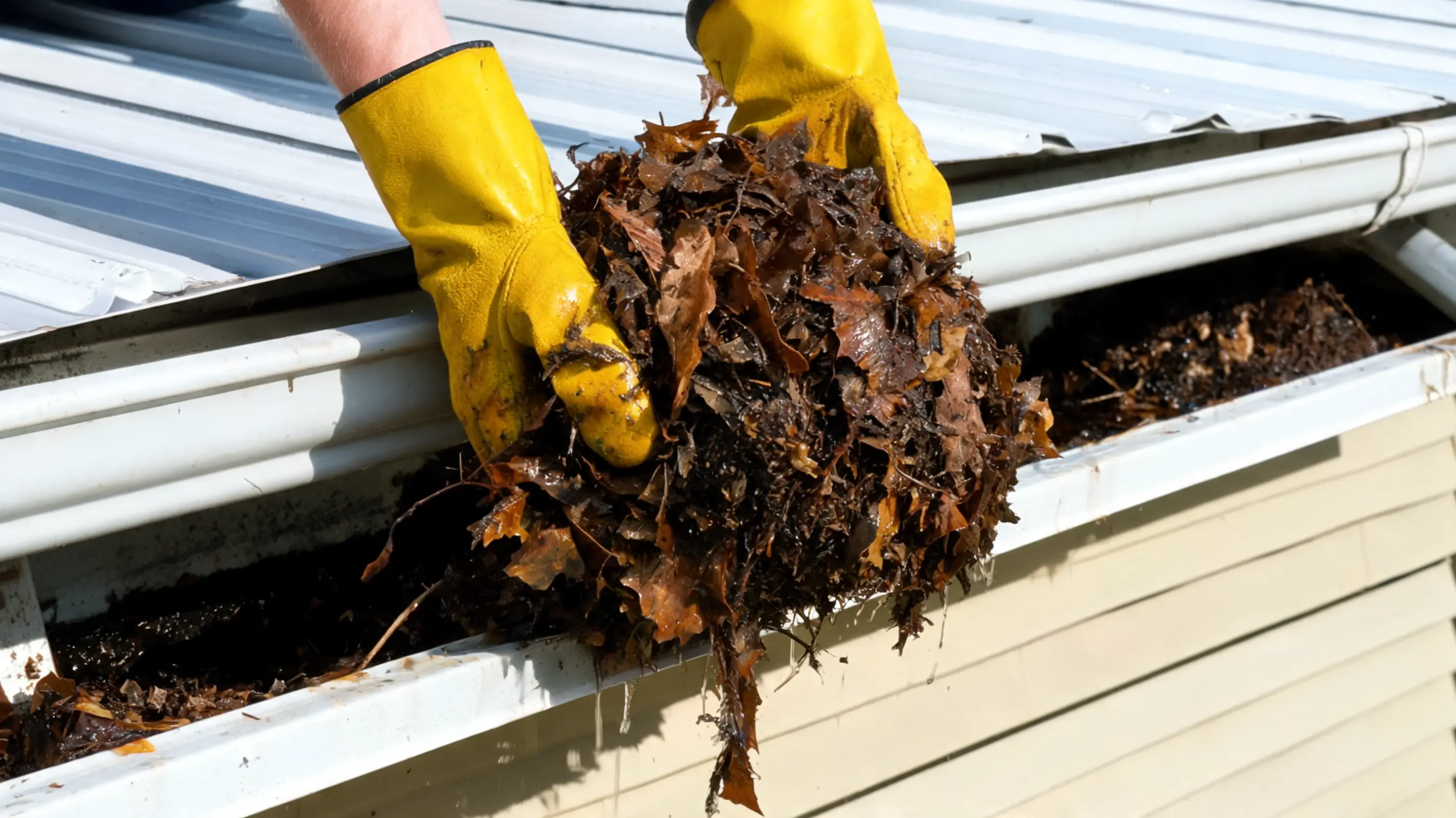 close up of metal roof maintenance showing wet leaves removed from gutters to stop water backup