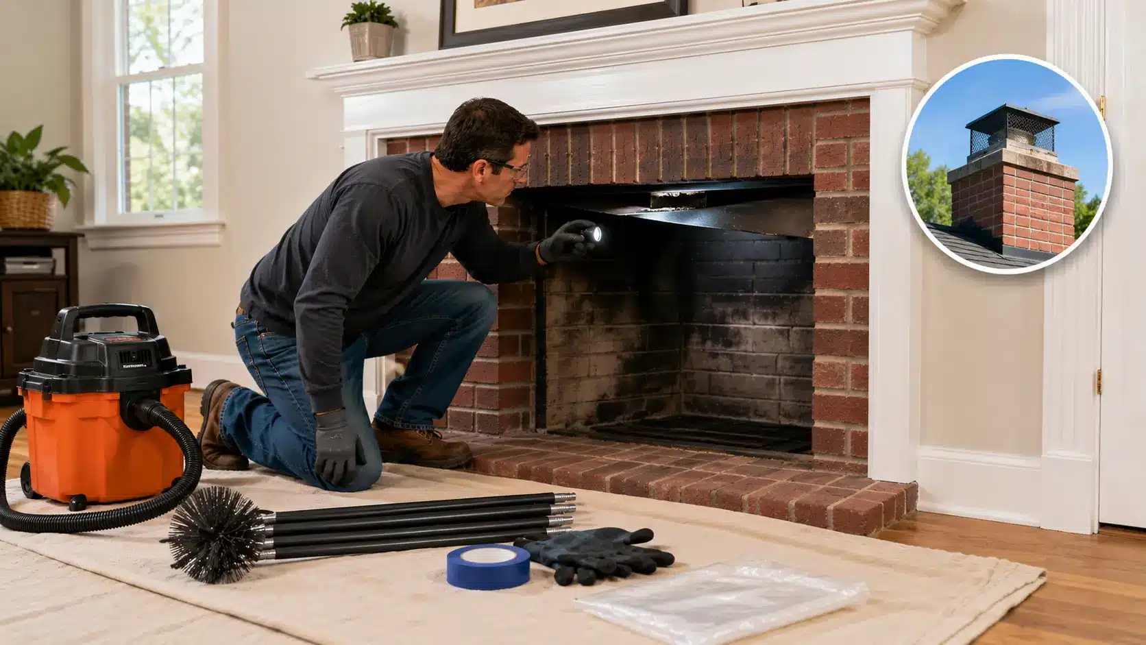 cleaning the hearth in a cozy living room