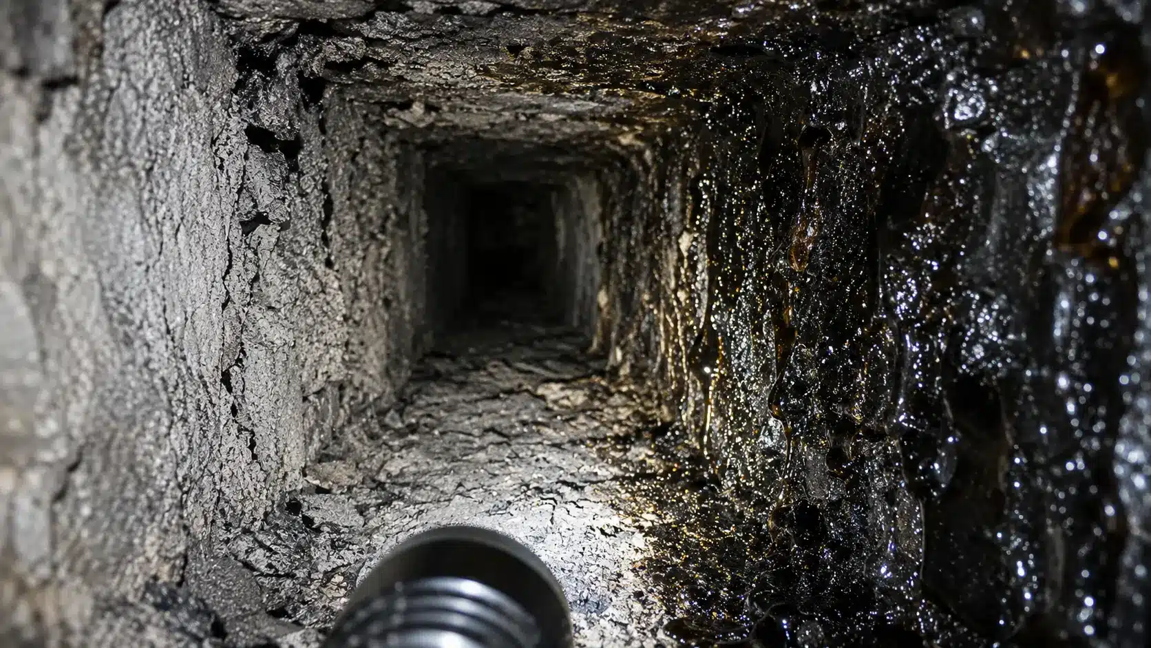 close up of dry soot and glossy creosote buildup inside a chimney flue