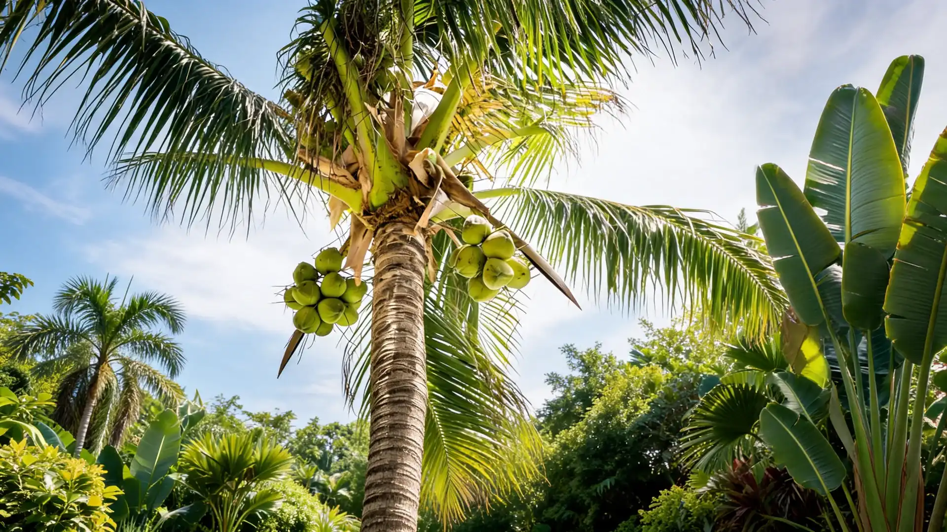 coconut palm tree with long arching fronds in a tropical setting