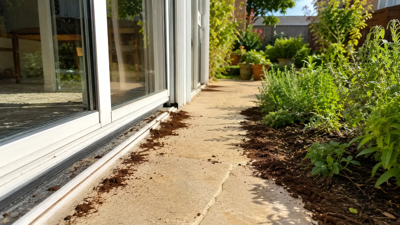 coffee grounds for ants near patio door and garden edge