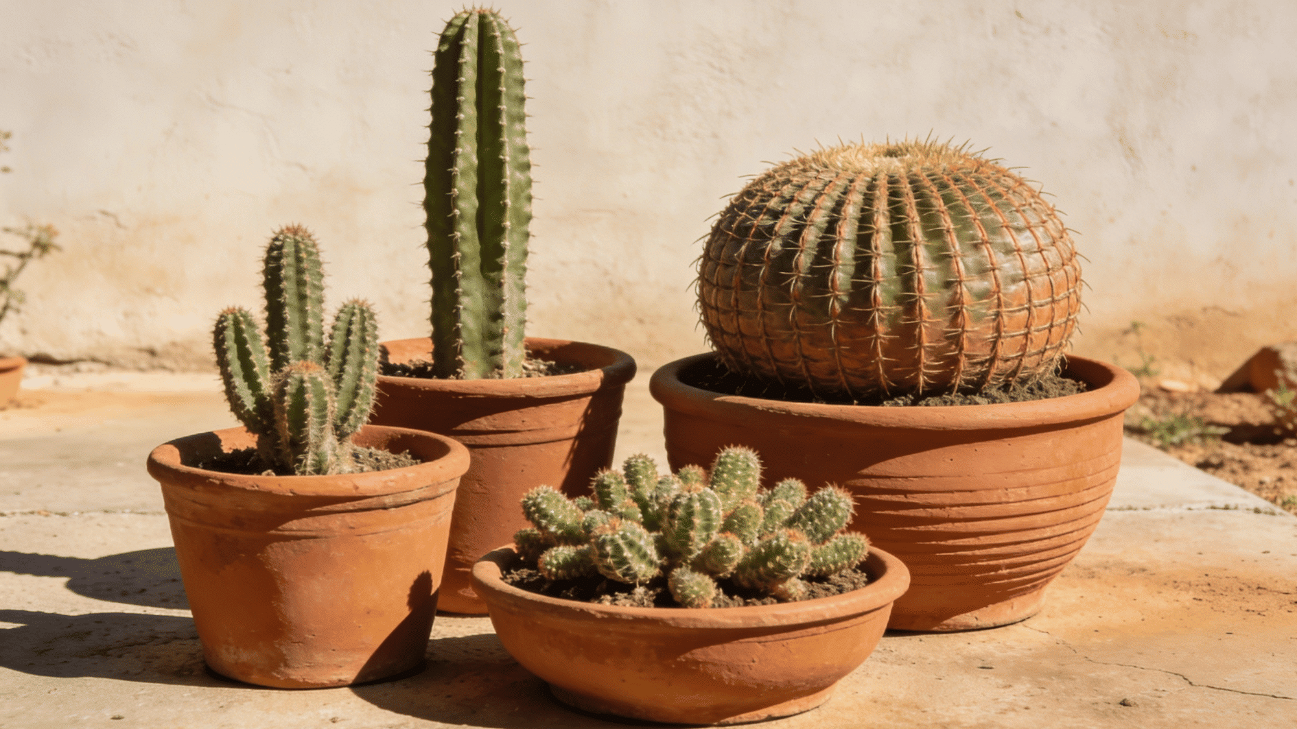 collection of potted cacti in terracotta containers arranged outdoors against warm beige textured wall