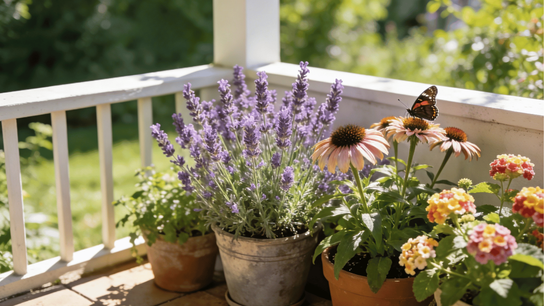 colorful balcony flower pots with butterflies hovering above lavender and blooming summer garden plants